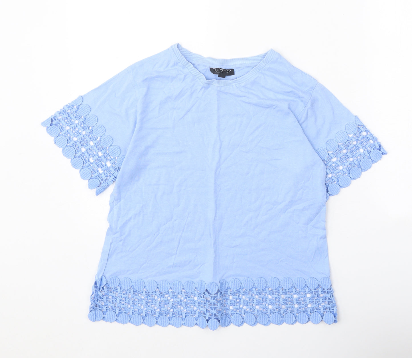 Topshop Womens Blue Modal Basic T-Shirt Size 8 Scoop Neck - Crochet Trim