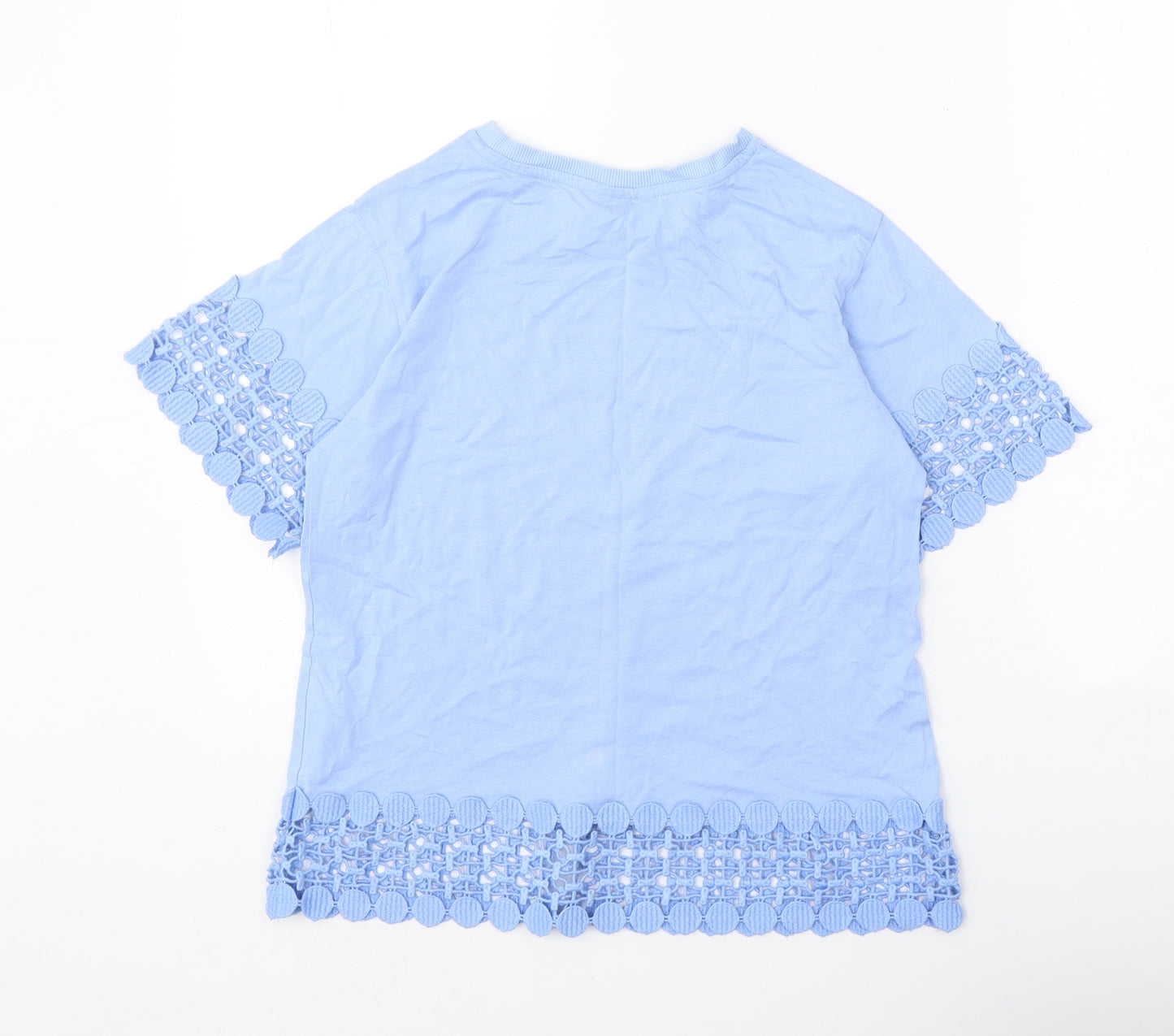 Topshop Womens Blue Modal Basic T-Shirt Size 8 Scoop Neck - Crochet Trim