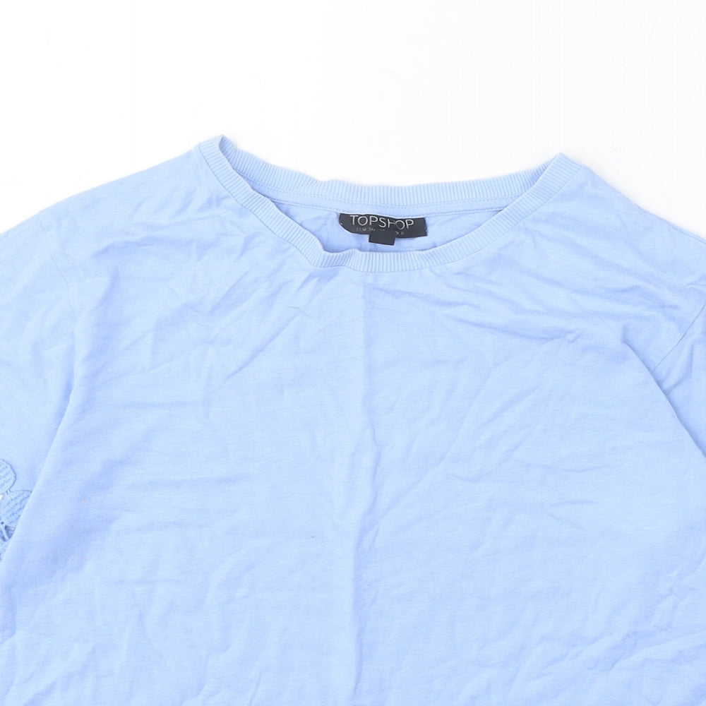 Topshop Womens Blue Modal Basic T-Shirt Size 8 Scoop Neck - Crochet Trim