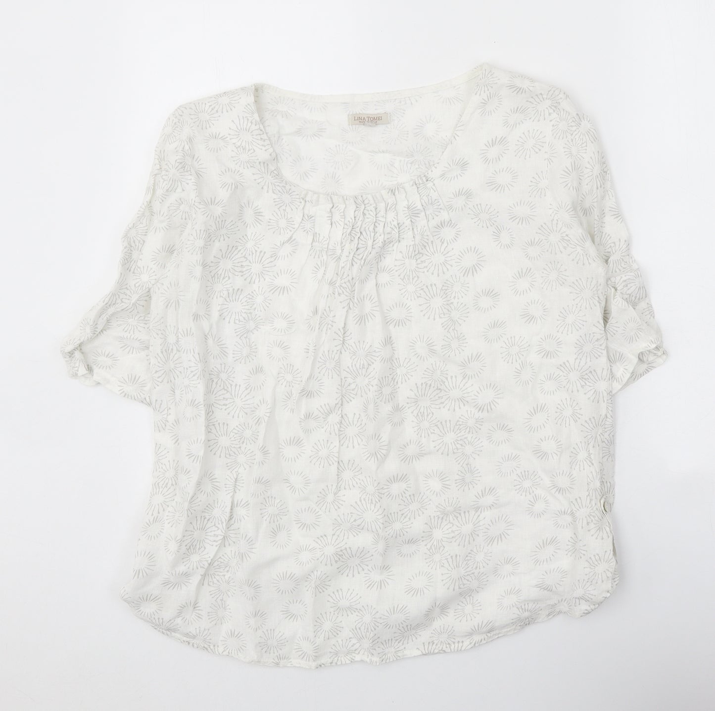 Lina Tomei Womens White Floral Linen Basic Blouse Size XL Scoop Neck