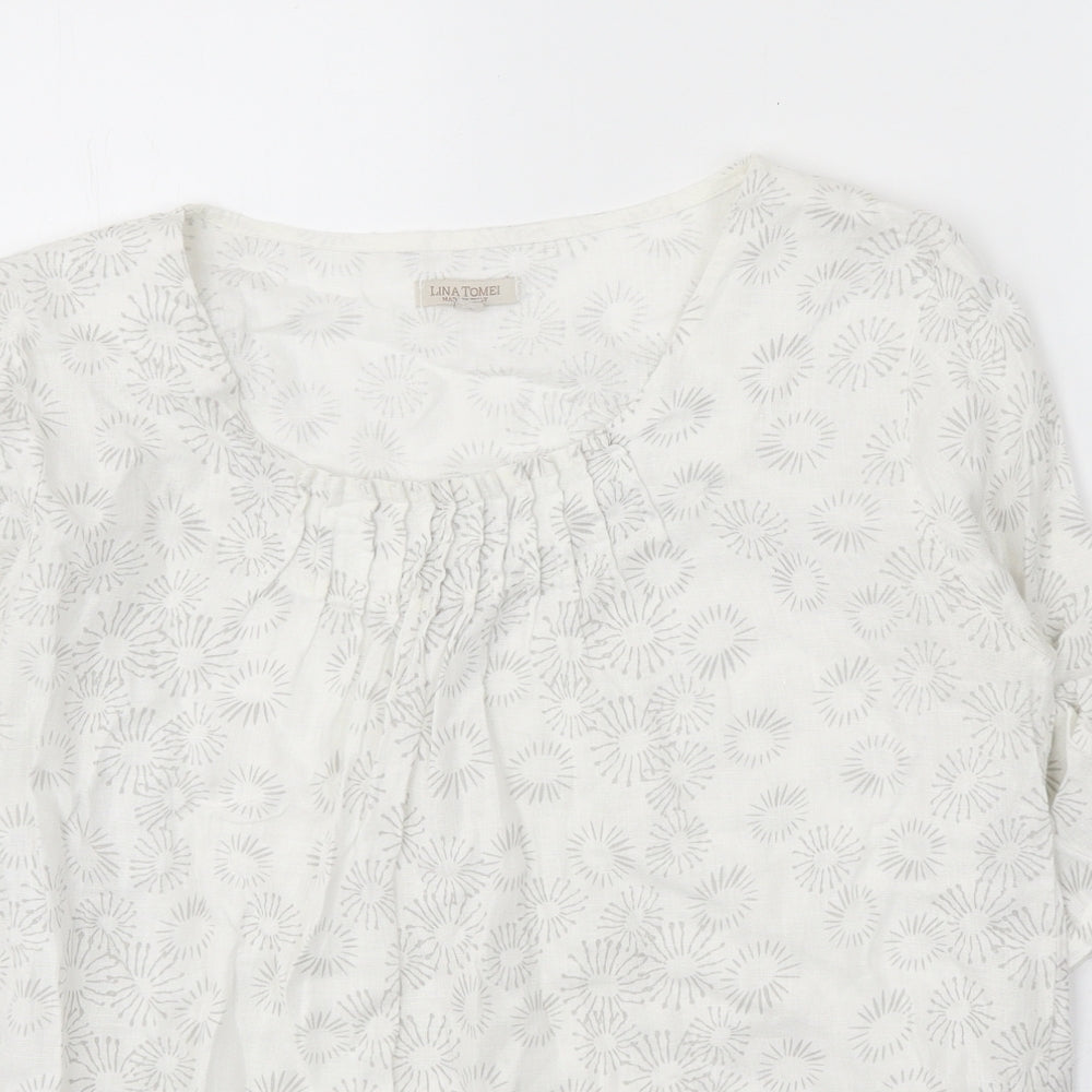 Lina Tomei Womens White Floral Linen Basic Blouse Size XL Scoop Neck
