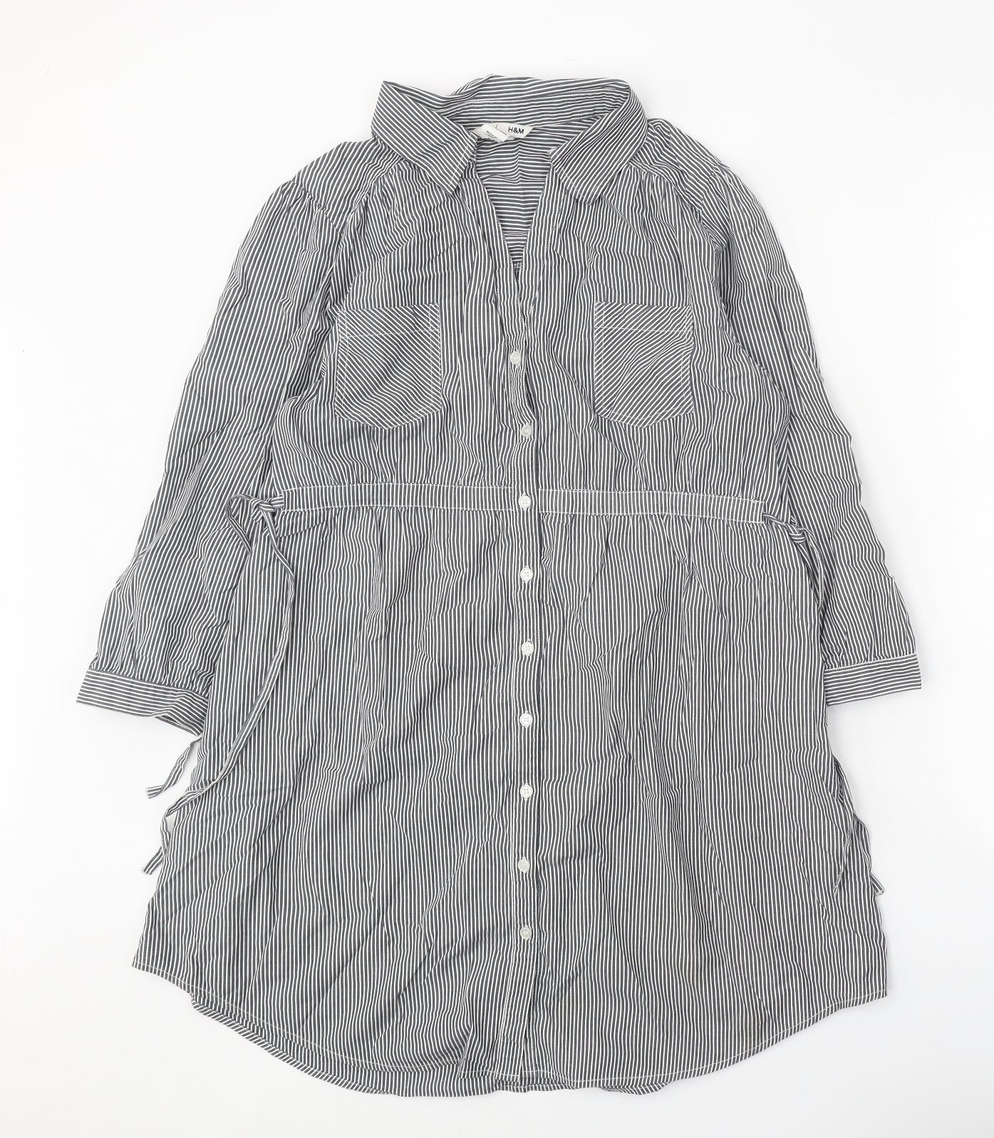 H&M Womens Grey Striped Cotton Shirt Dress Size 16 Collared Button