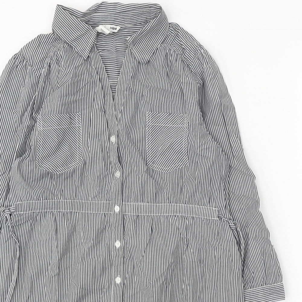 H&M Womens Grey Striped Cotton Shirt Dress Size 16 Collared Button