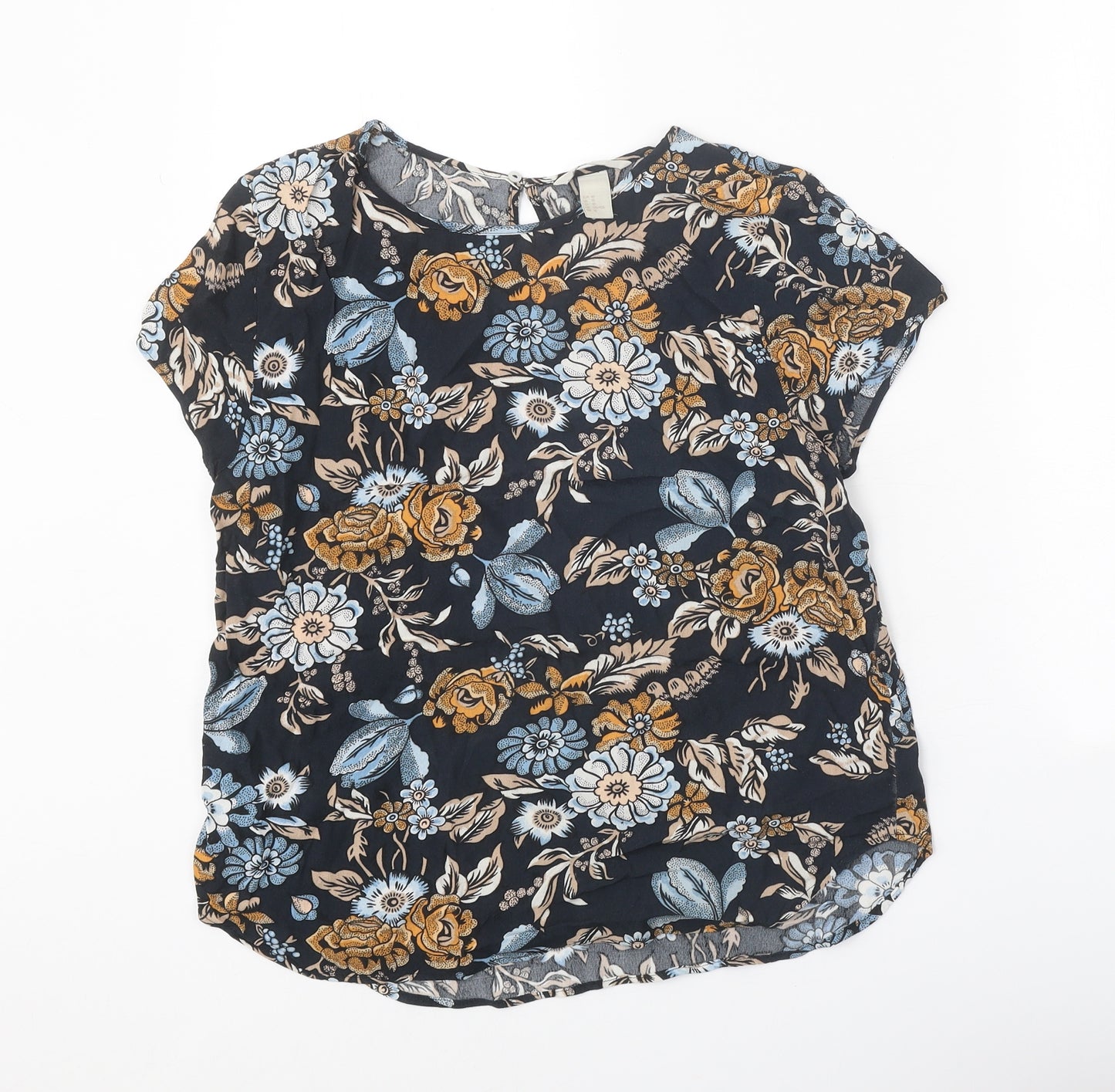 H&M Womens Black Floral Viscose Basic Blouse Size 12 Round Neck