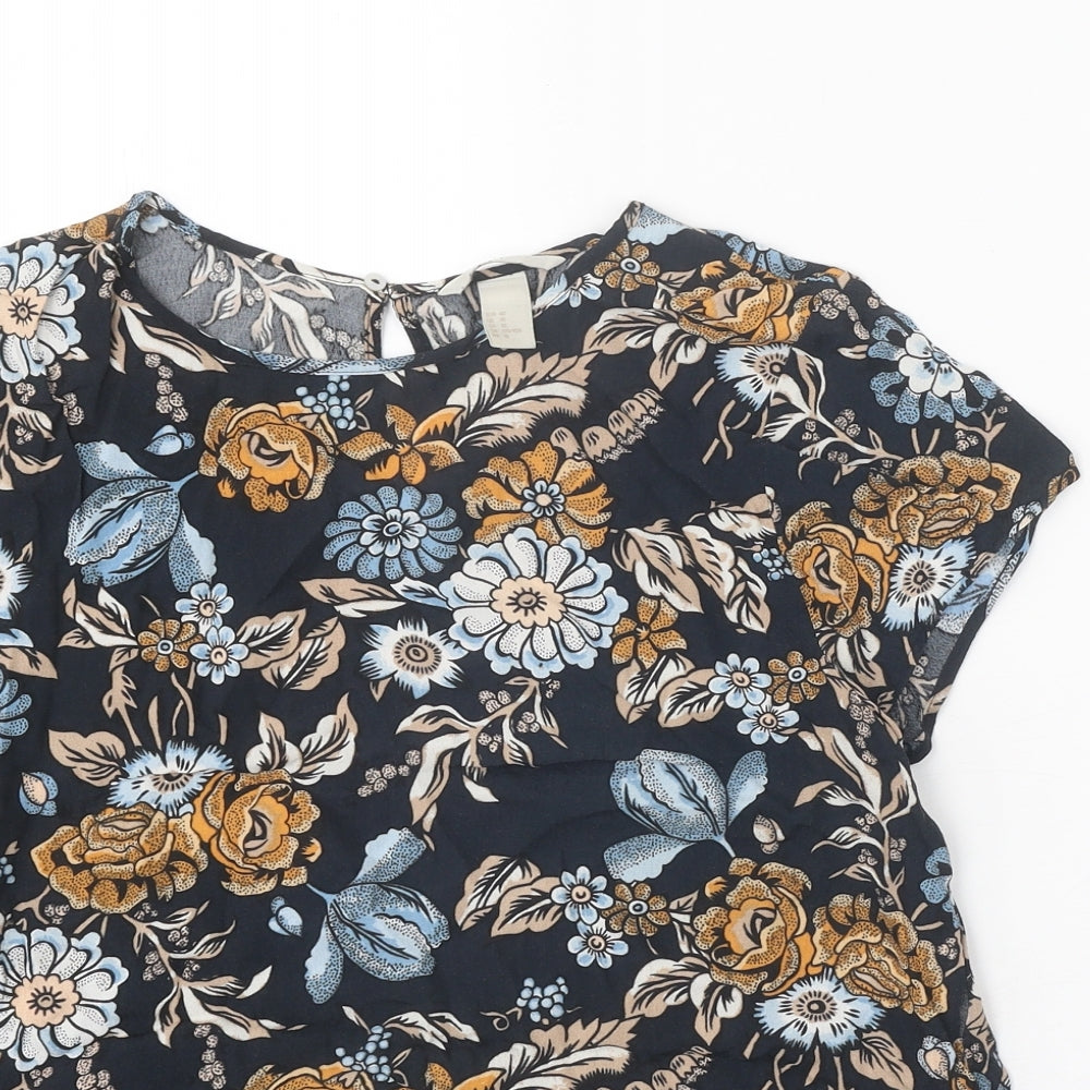 H&M Womens Black Floral Viscose Basic Blouse Size 12 Round Neck