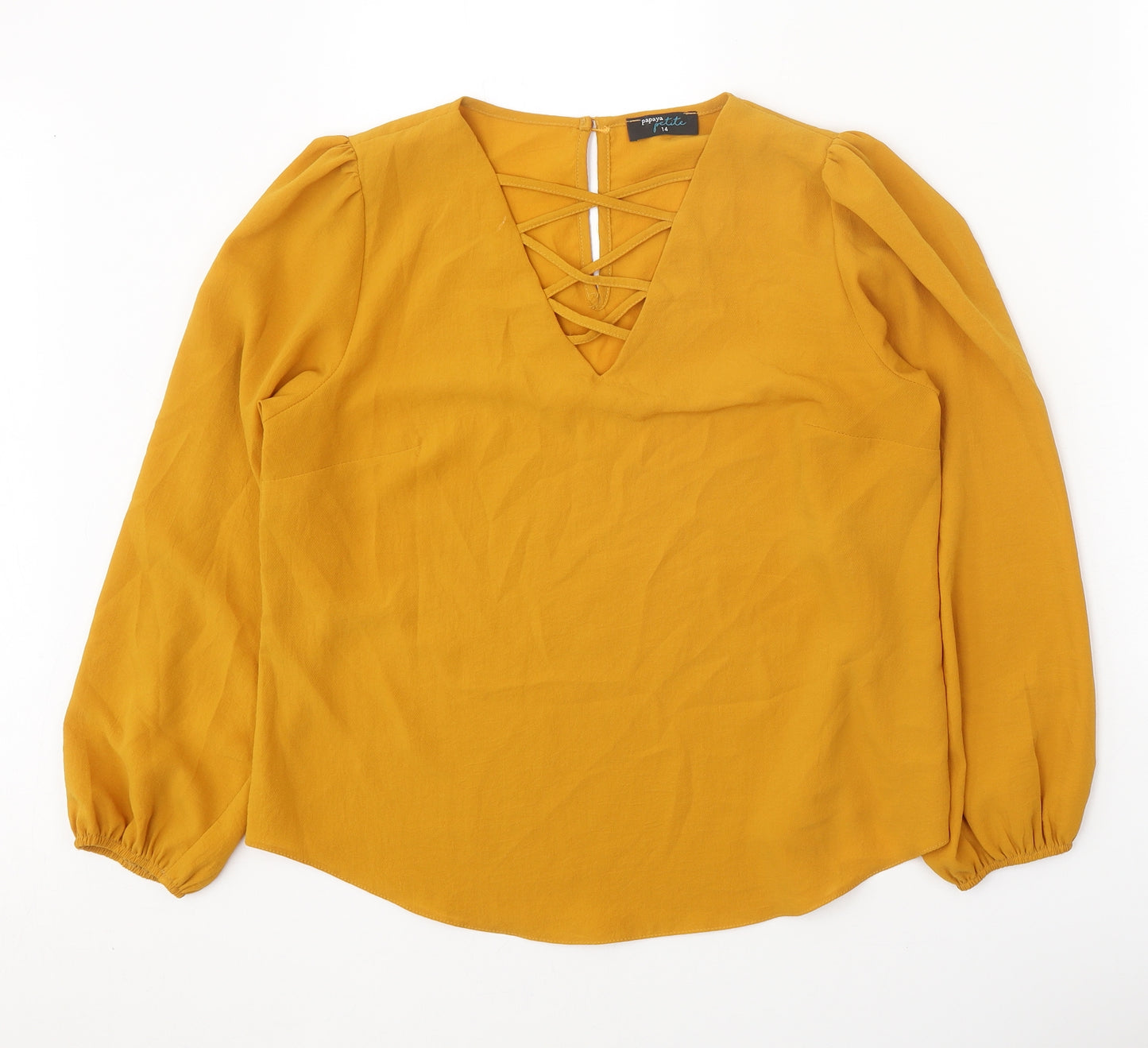 Papaya Womens Yellow Polyester Basic Blouse Size 14 V-Neck