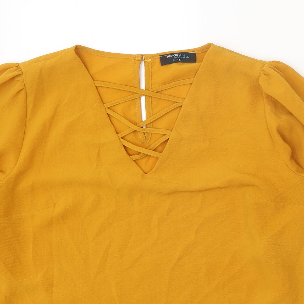 Papaya Womens Yellow Polyester Basic Blouse Size 14 V-Neck