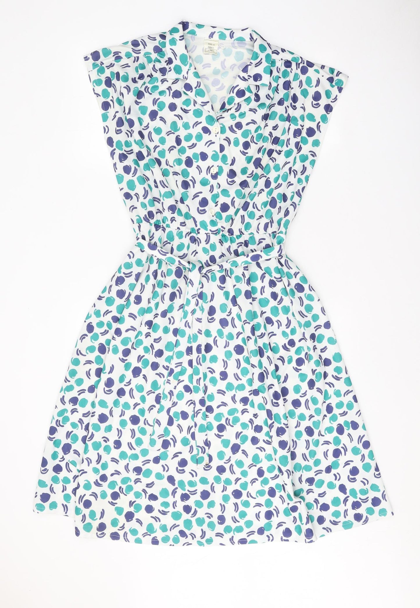 Preworn Womens White Geometric Polyester Skater Dress Size 14 V-Neck Button