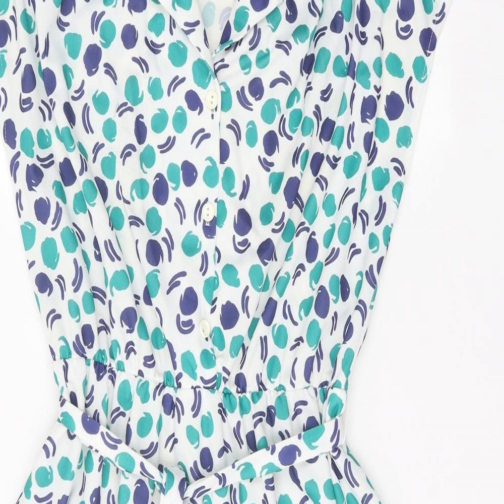 Preworn Womens White Geometric Polyester Skater Dress Size 14 V-Neck Button