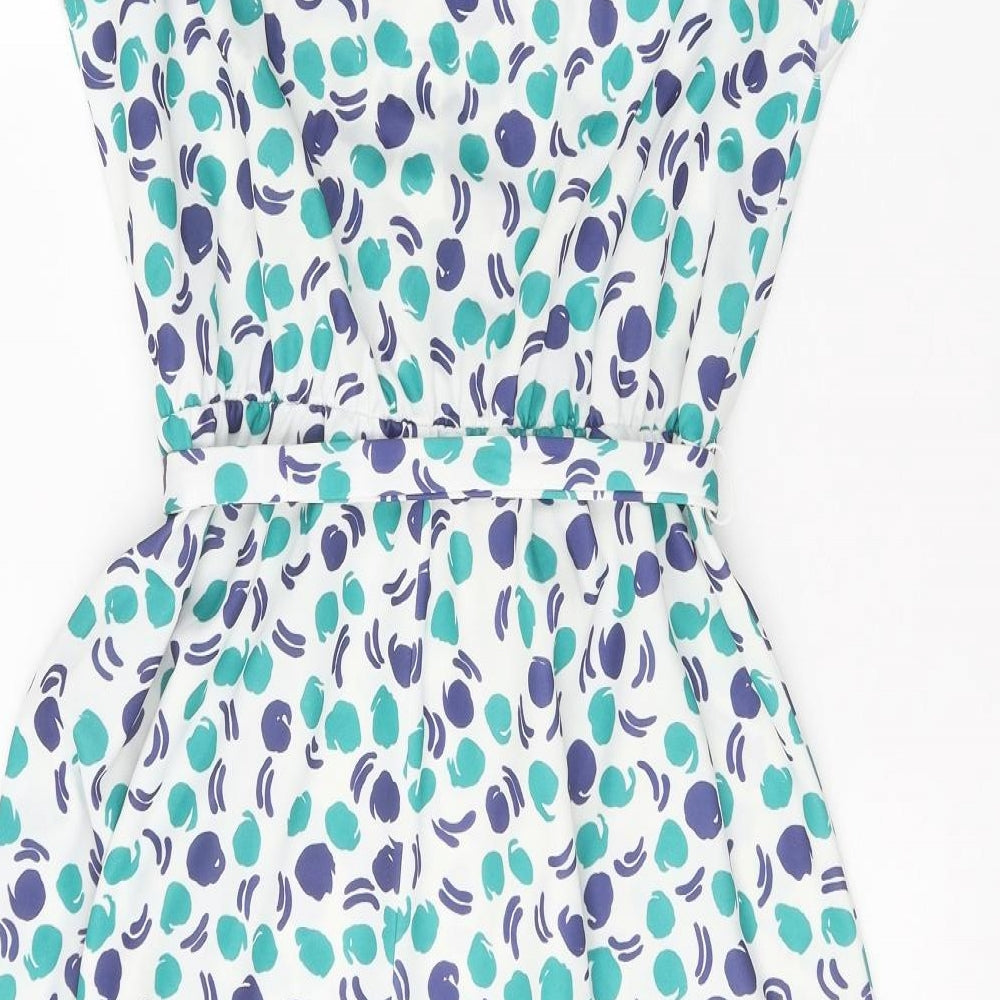 Preworn Womens White Geometric Polyester Skater Dress Size 14 V-Neck Button