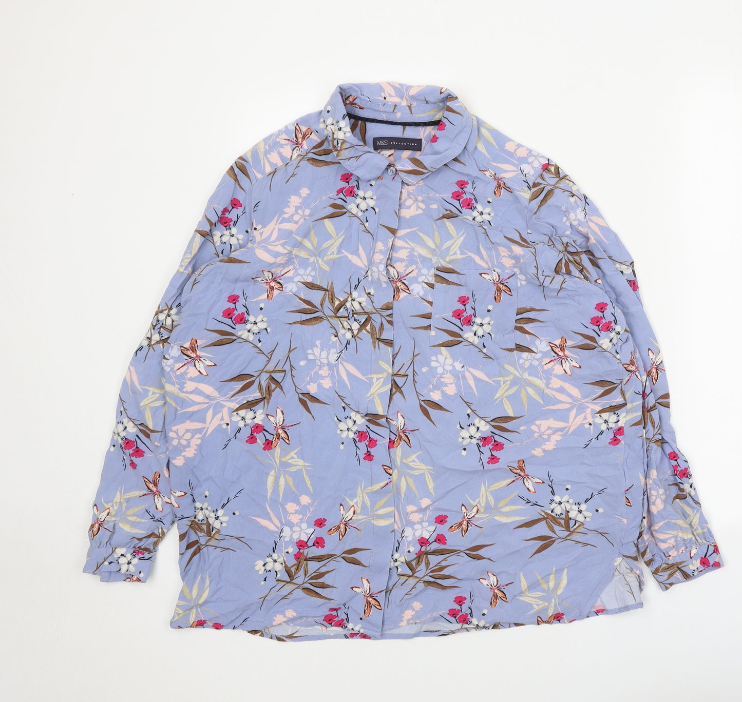 Marks and Spencer Womens Blue Geometric Viscose Basic Button-Up Size 18 Collared