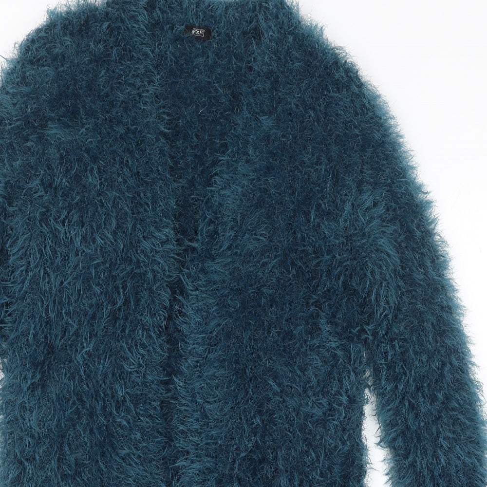 F&F Womens Blue V-Neck Polyester Cardigan Jumper Size 12 - Fluffy