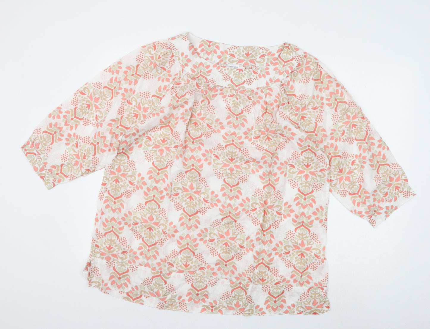 Lands' End Womens Ivory Geometric Linen Basic Blouse Size L Round Neck