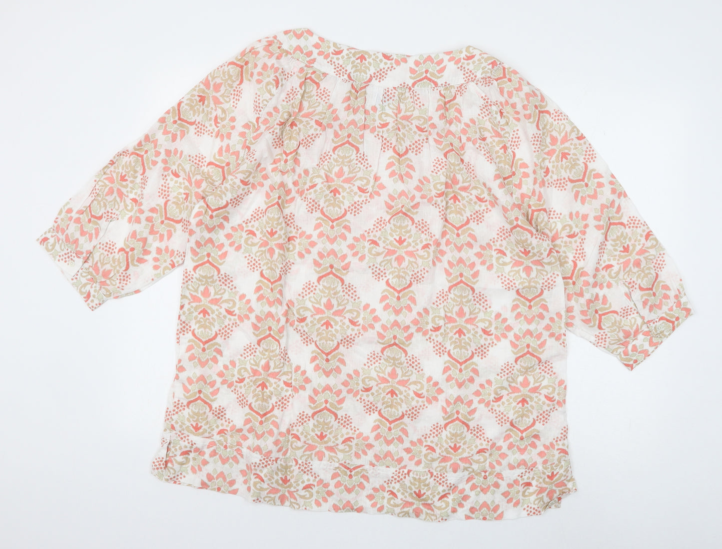 Lands' End Womens Ivory Geometric Linen Basic Blouse Size L Round Neck