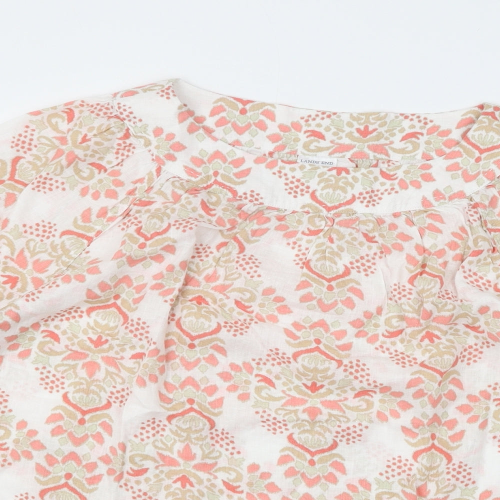 Lands' End Womens Ivory Geometric Linen Basic Blouse Size L Round Neck