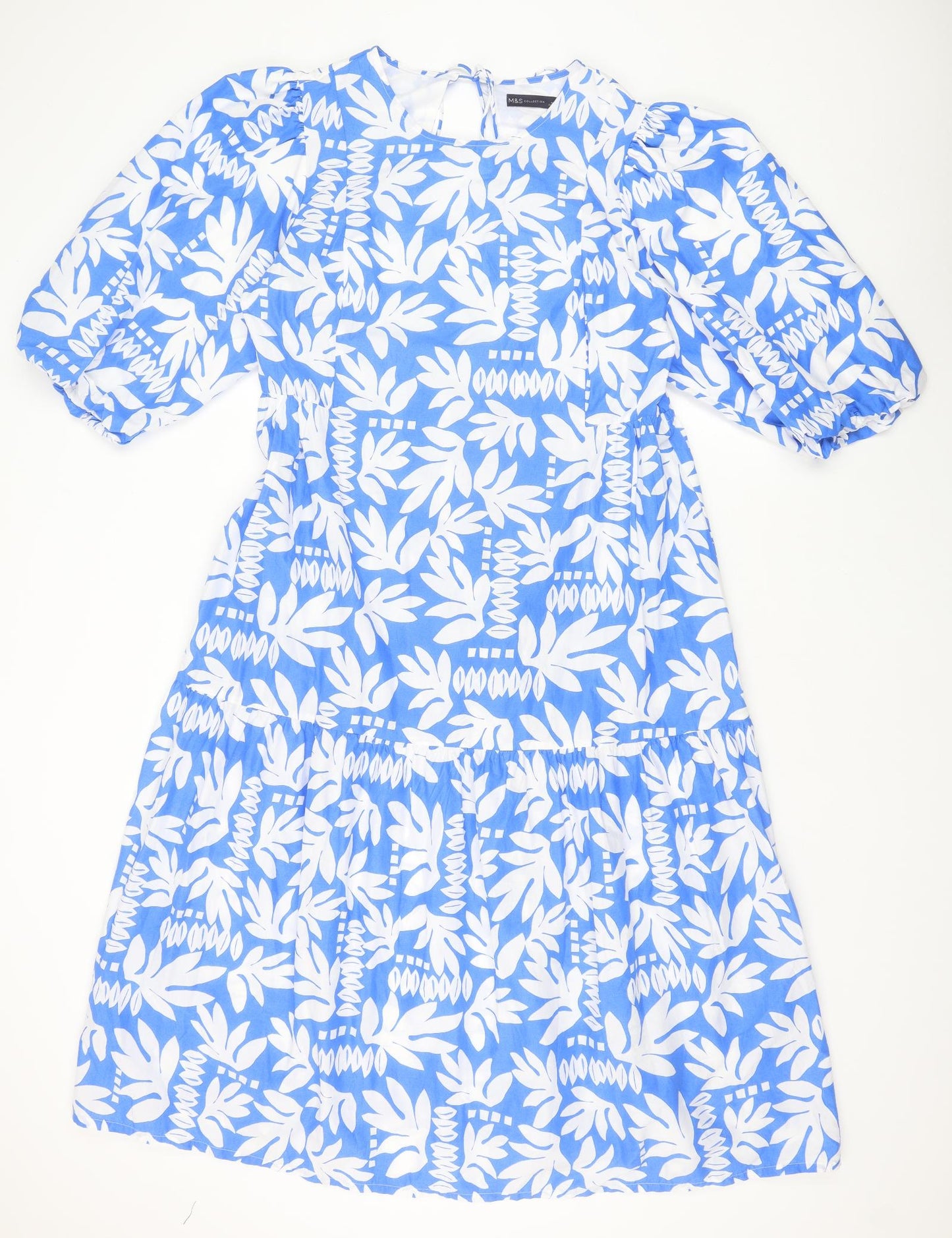 Marks and Spencer Womens Blue Floral 100% Cotton Trapeze & Swing Size 14 Round Neck Tie