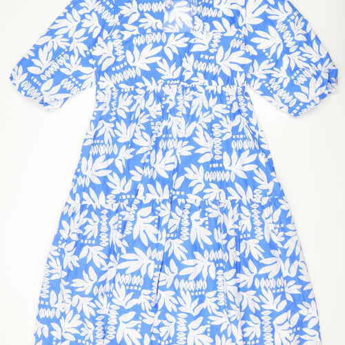 Marks and Spencer Womens Blue Floral 100% Cotton Trapeze & Swing Size 14 Round Neck Tie
