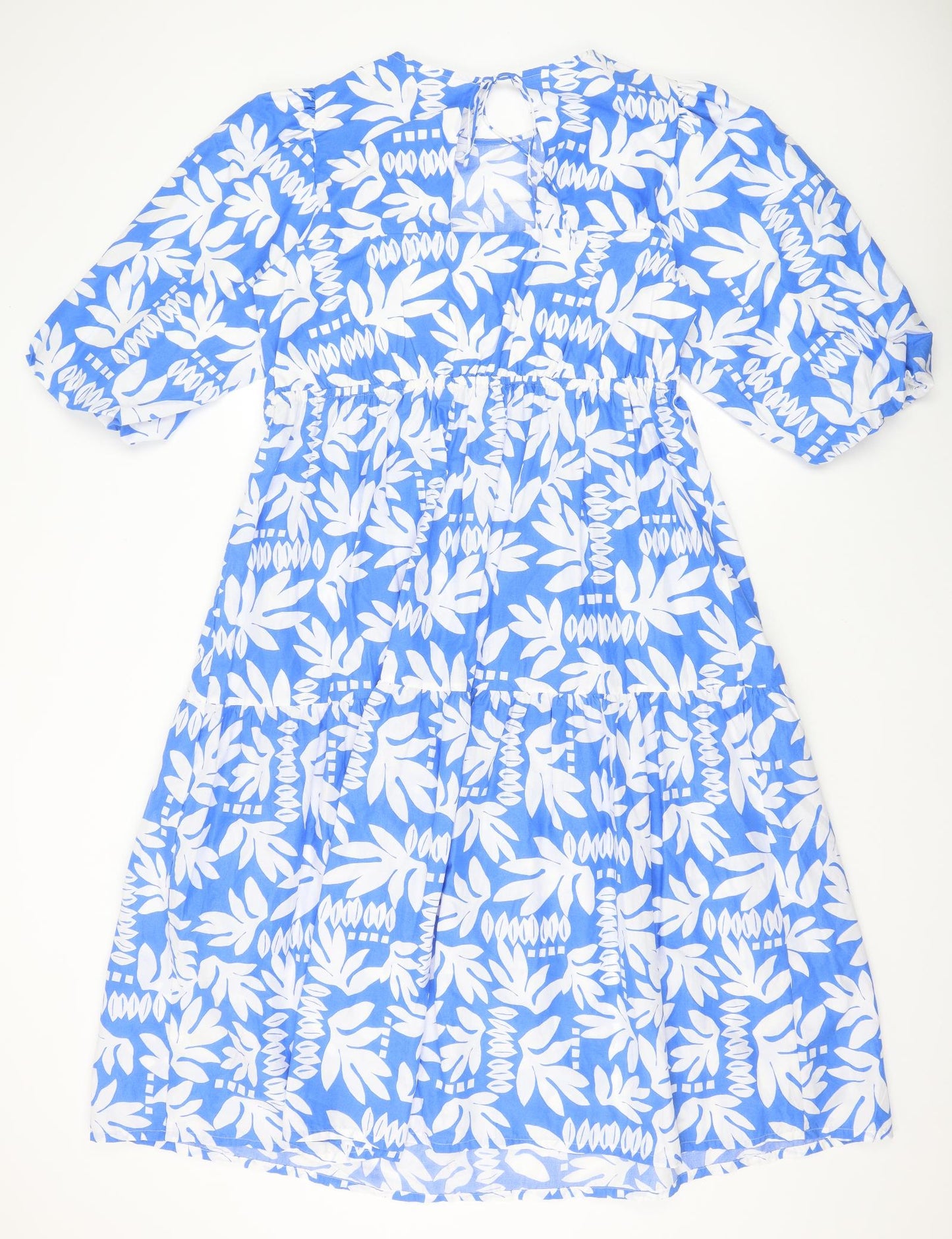 Marks and Spencer Womens Blue Floral 100% Cotton Trapeze & Swing Size 14 Round Neck Tie