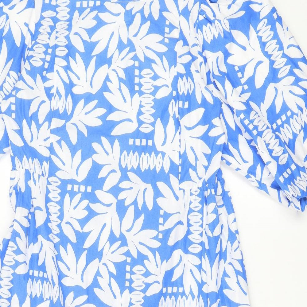 Marks and Spencer Womens Blue Floral 100% Cotton Trapeze & Swing Size 14 Round Neck Tie