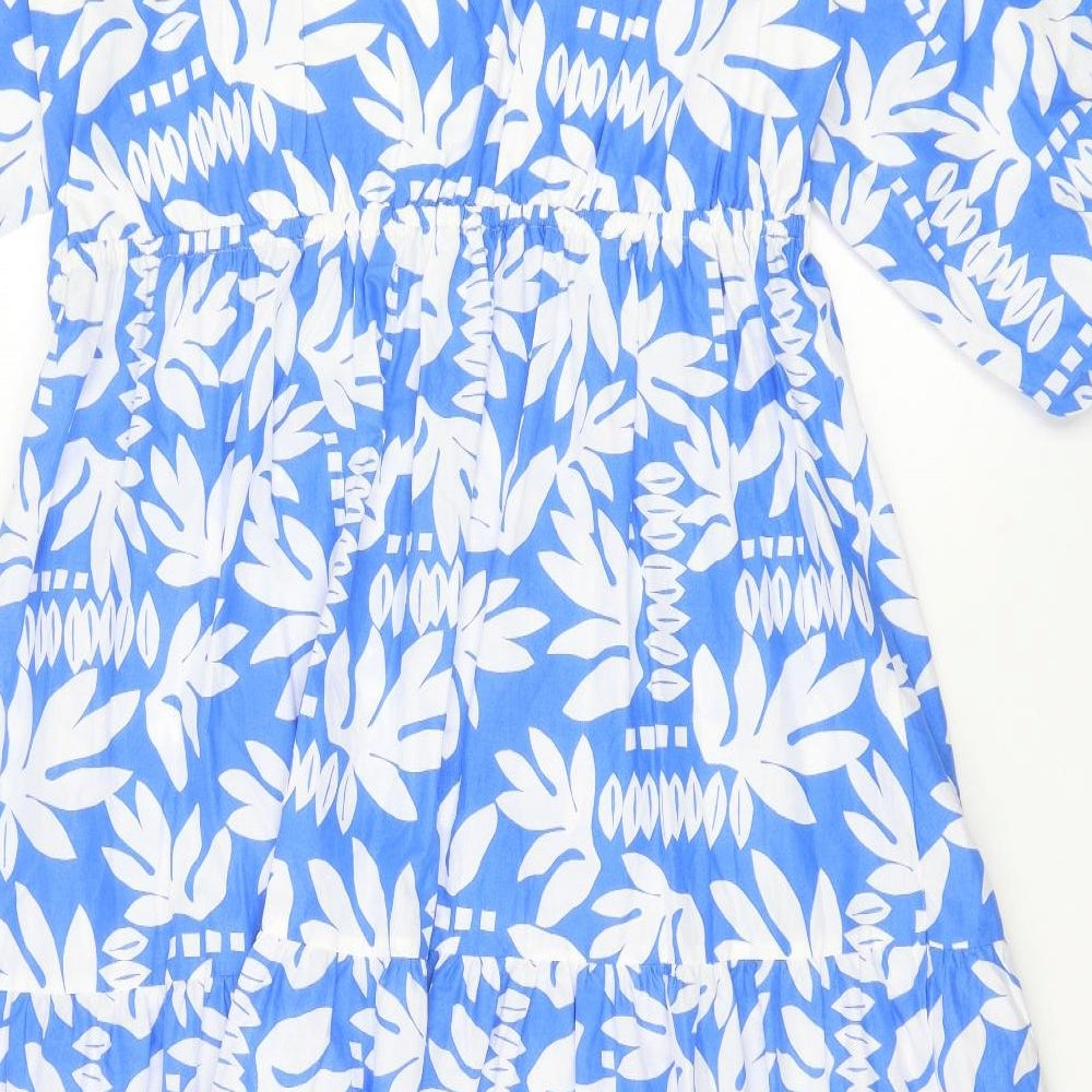 Marks and Spencer Womens Blue Floral 100% Cotton Trapeze & Swing Size 14 Round Neck Tie