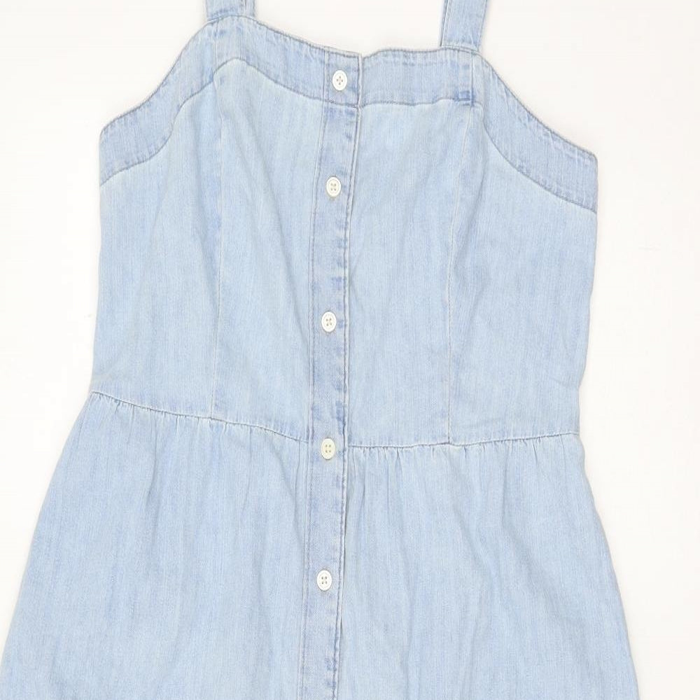 Gap Womens Blue 100% Cotton Pinafore/Dungaree Dress Size 10 Square Neck Button