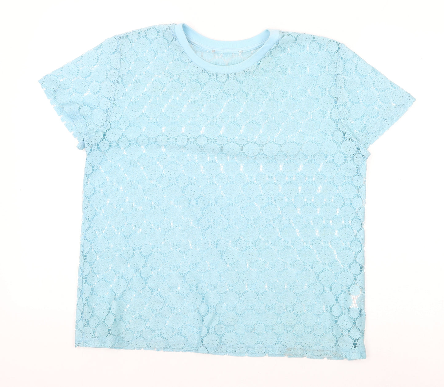 Primark Womens Blue Geometric Polyester Basic T-Shirt Size 10 Round Neck