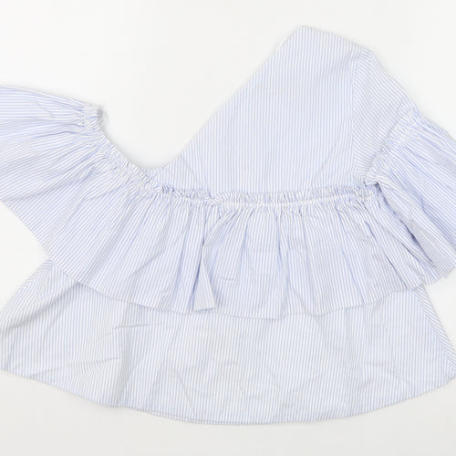 Zara Womens Blue Striped 100% Cotton Basic Blouse Size XS One Shoulder