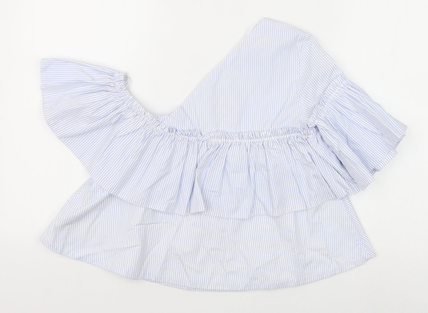 Zara Womens Blue Striped 100% Cotton Basic Blouse Size XS One Shoulder