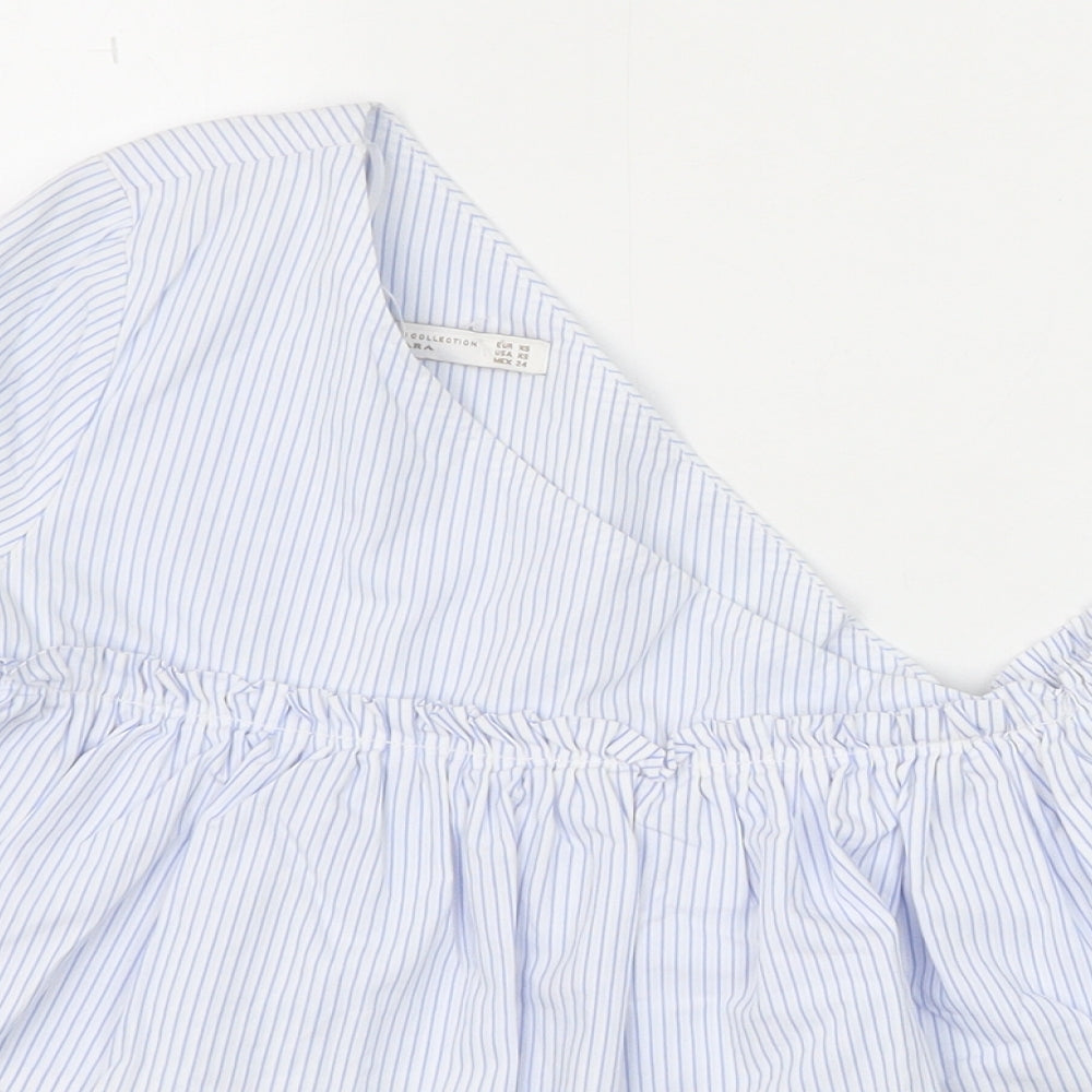 Zara Womens Blue Striped 100% Cotton Basic Blouse Size XS One Shoulder