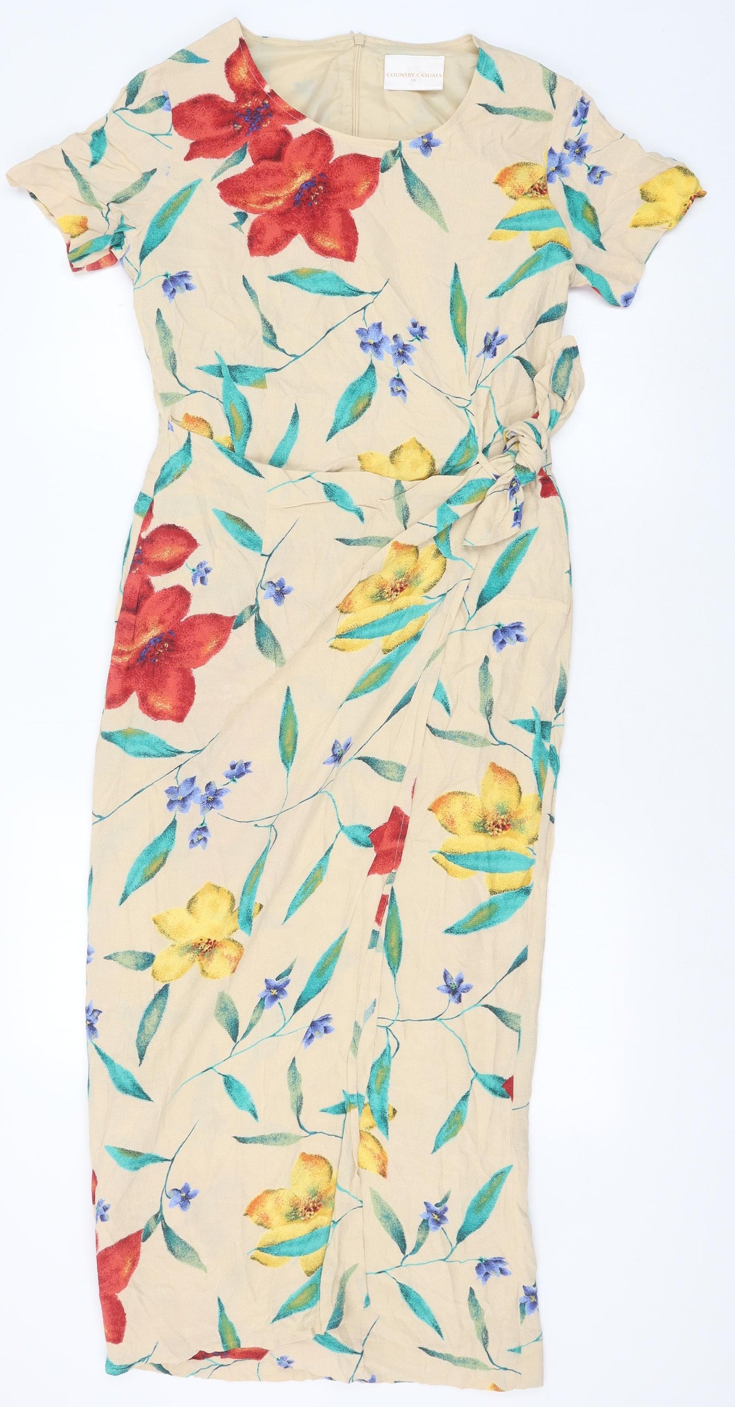 Country Casuals Womens Beige Floral Viscose Wrap Dress Size 10 Round Neck Zip