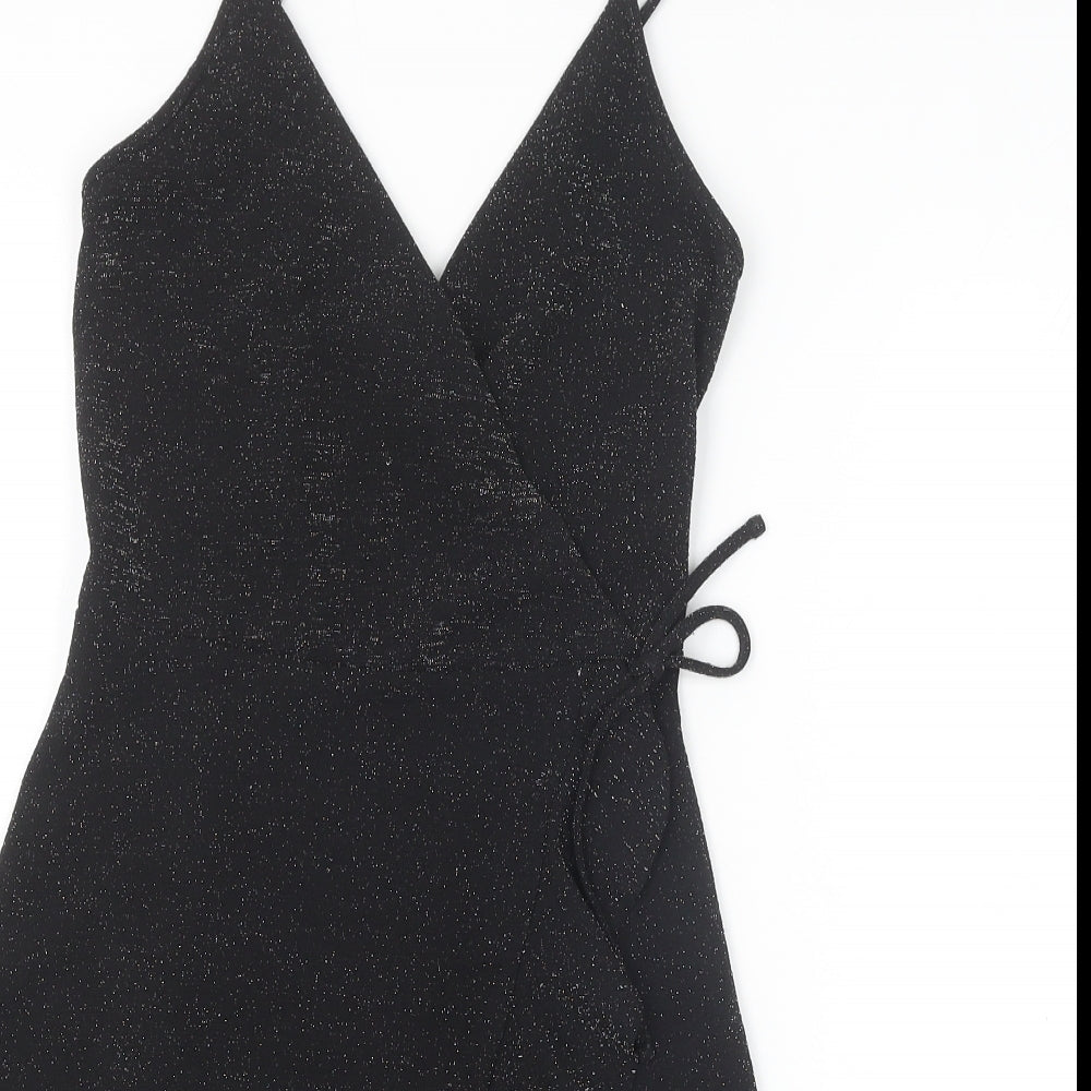 New Look Womens Black Polyester Wrap Dress Size 6 V-Neck Tie