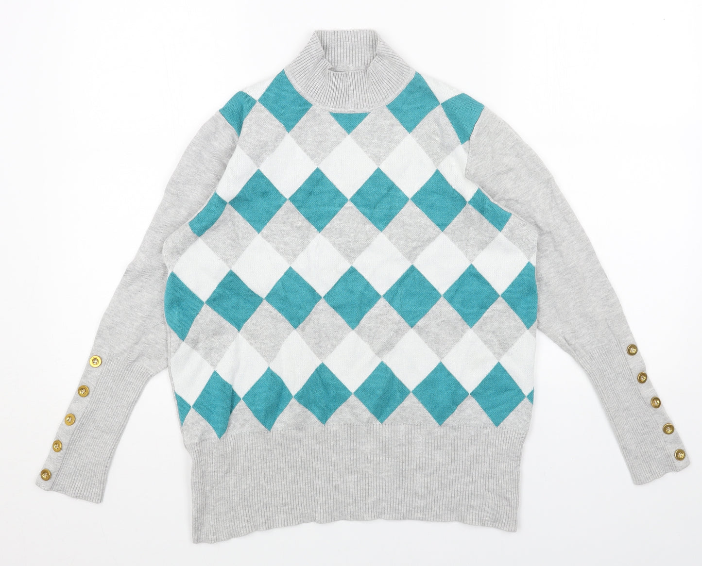 Text Womens Grey High Neck Argyle/Diamond Acrylic Pullover Jumper Size M