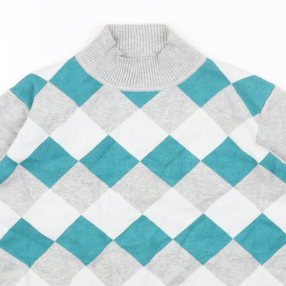 Text Womens Grey High Neck Argyle/Diamond Acrylic Pullover Jumper Size M
