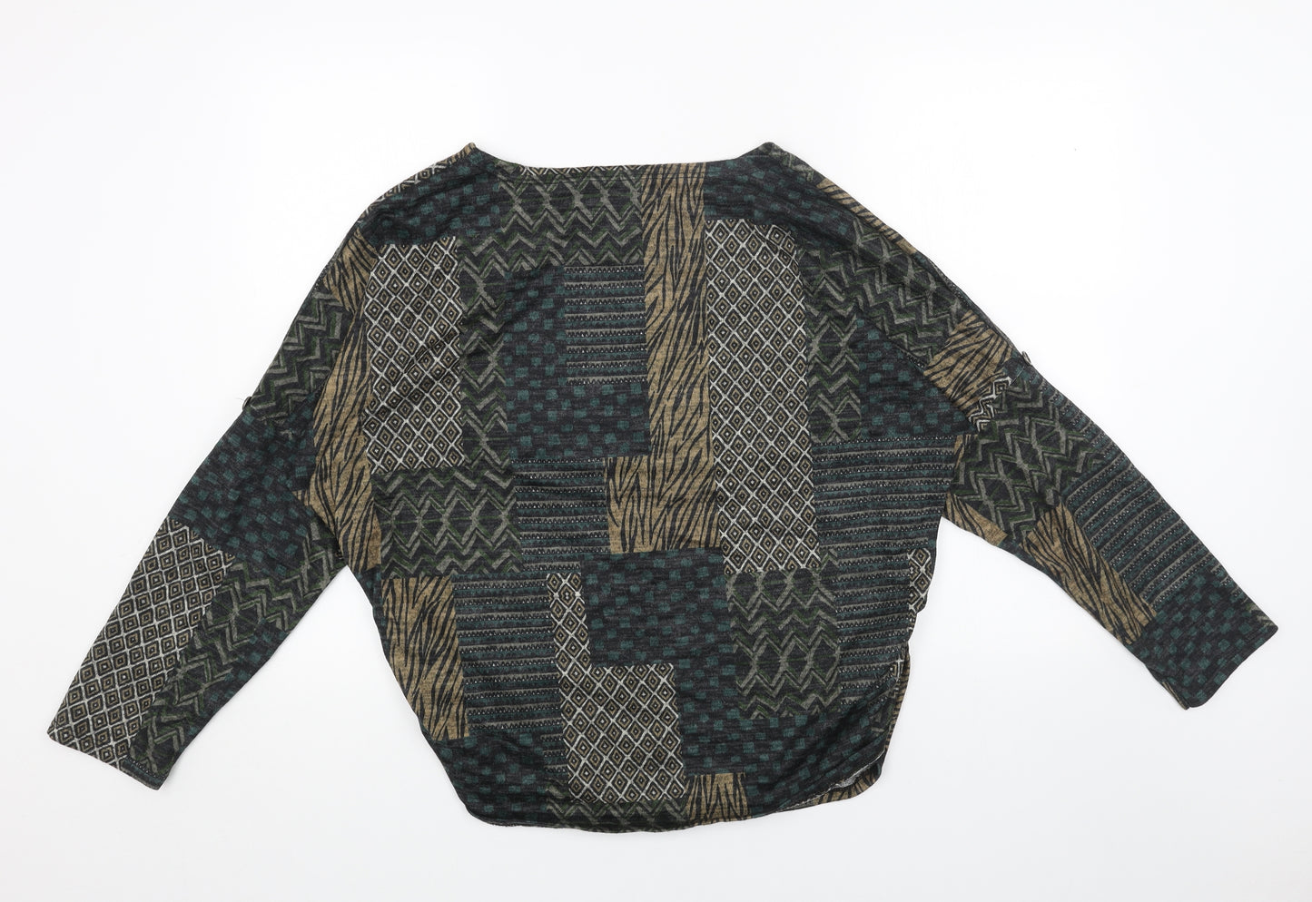 Preworn Womens Green Boat Neck Geometric Polyester Pullover Jumper Size L