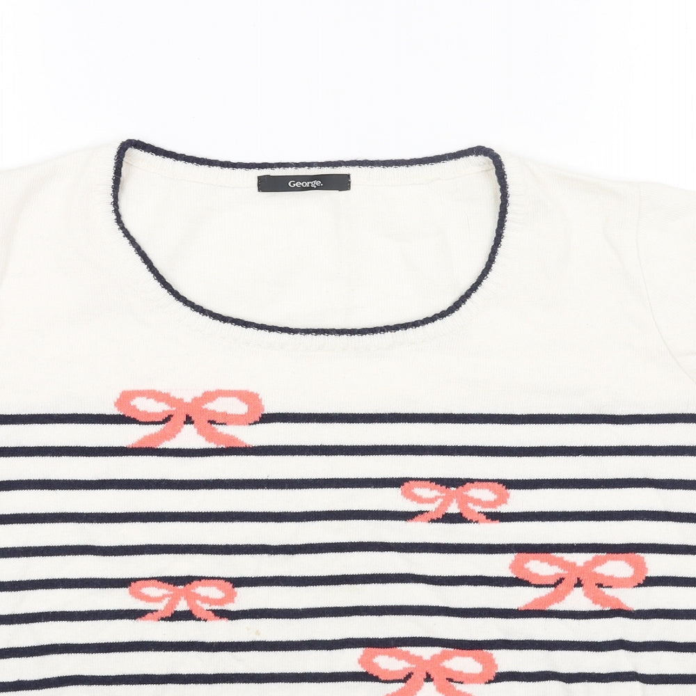 George Womens White Round Neck Striped Cotton Pullover Jumper Size 20