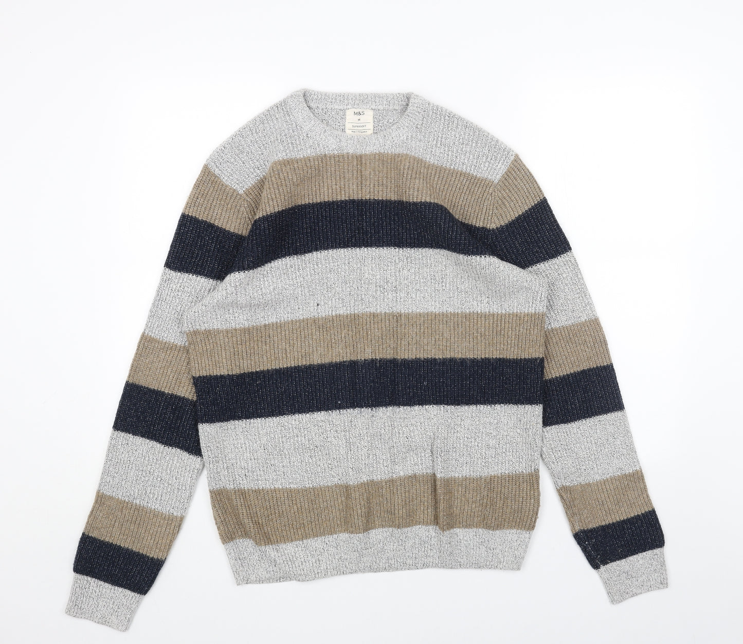 Marks and Spencer Mens Grey Round Neck Striped Polyamide Pullover Jumper Size M Long Sleeve