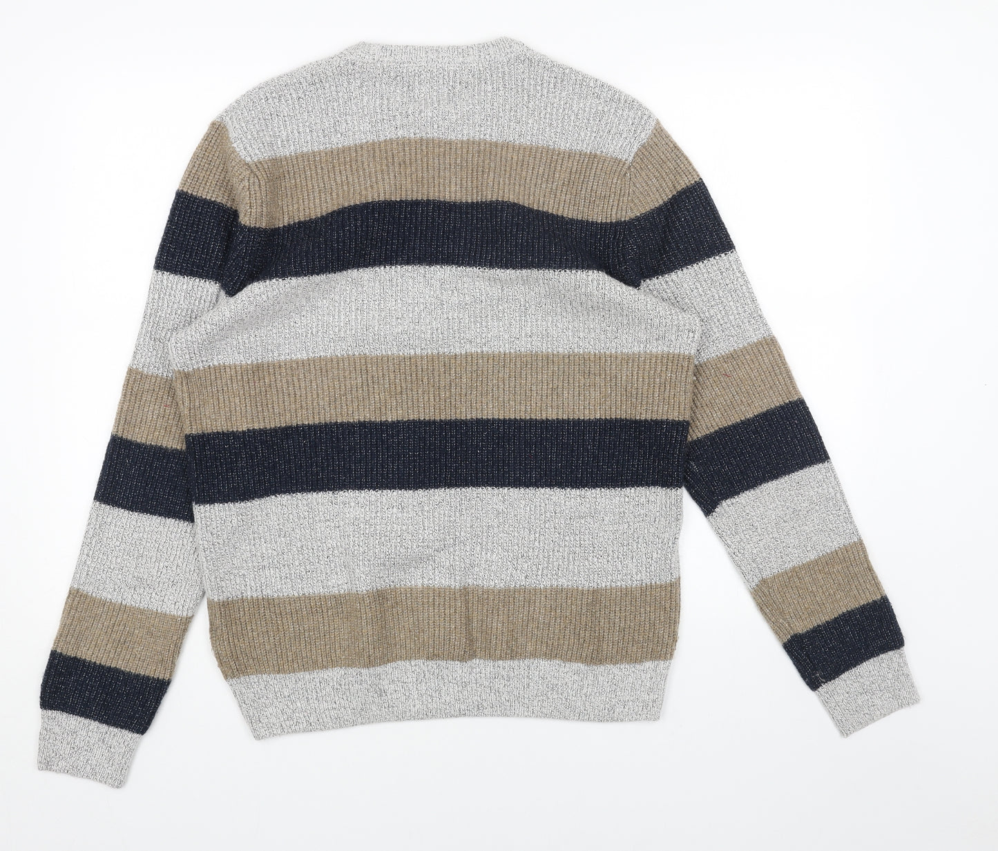 Marks and Spencer Mens Grey Round Neck Striped Polyamide Pullover Jumper Size M Long Sleeve