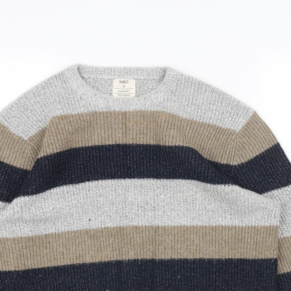 Marks and Spencer Mens Grey Round Neck Striped Polyamide Pullover Jumper Size M Long Sleeve