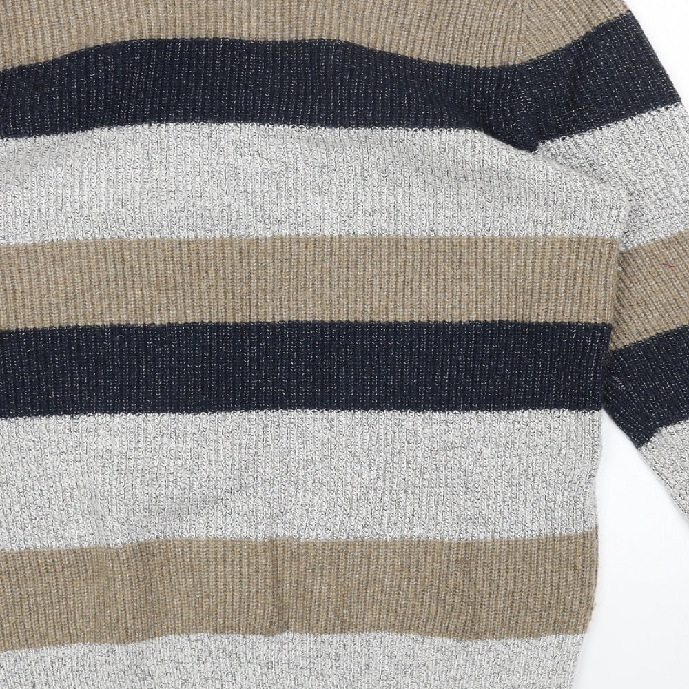 Marks and Spencer Mens Grey Round Neck Striped Polyamide Pullover Jumper Size M Long Sleeve