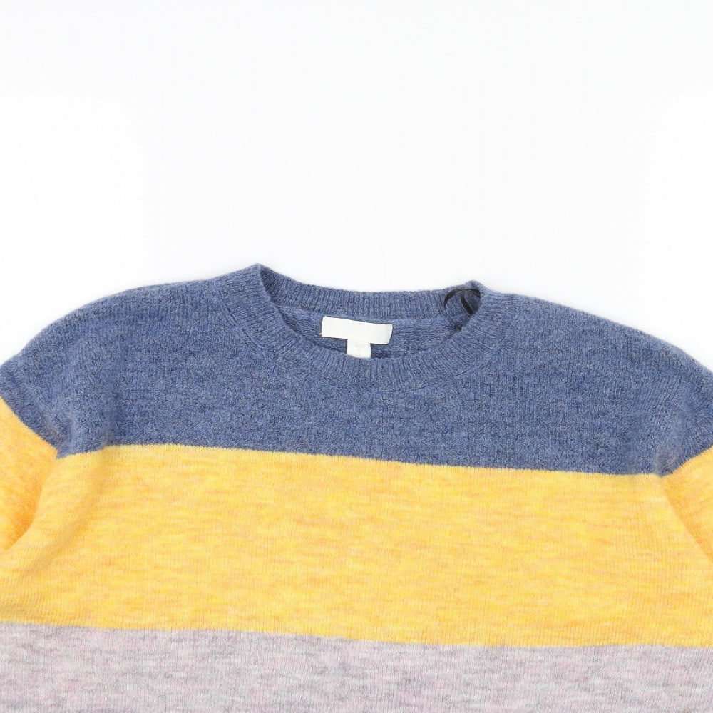 H&M Womens Blue Round Neck Striped Acrylic Pullover Jumper Size M