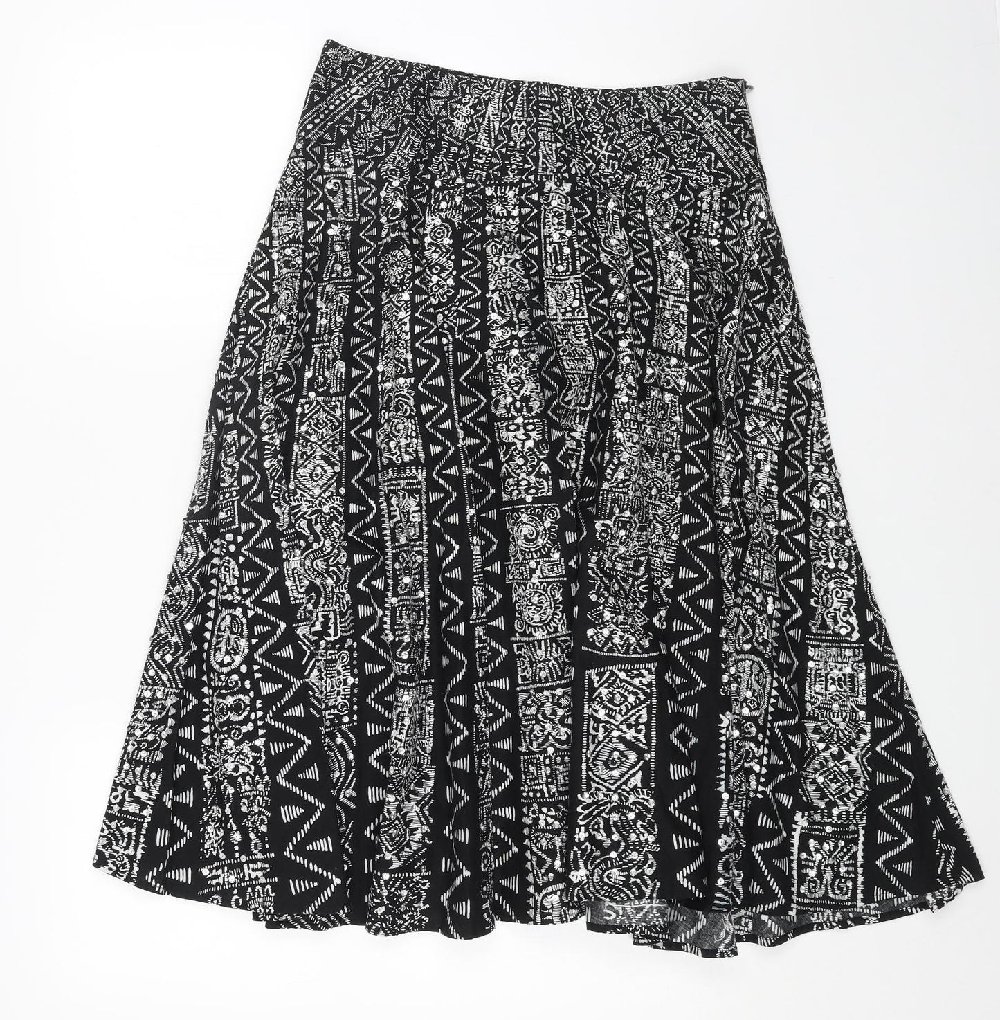 Warehouse Womens Black Geometric Cotton Swing Skirt Size 10 Zip