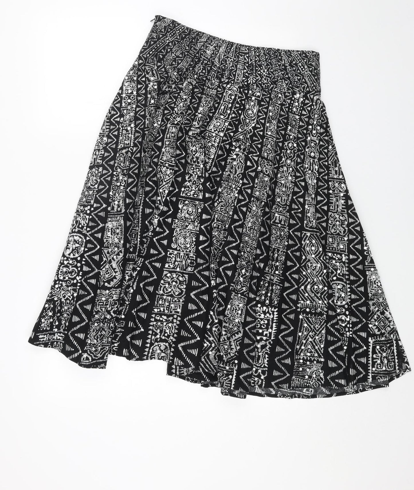 Warehouse Womens Black Geometric Cotton Swing Skirt Size 10 Zip
