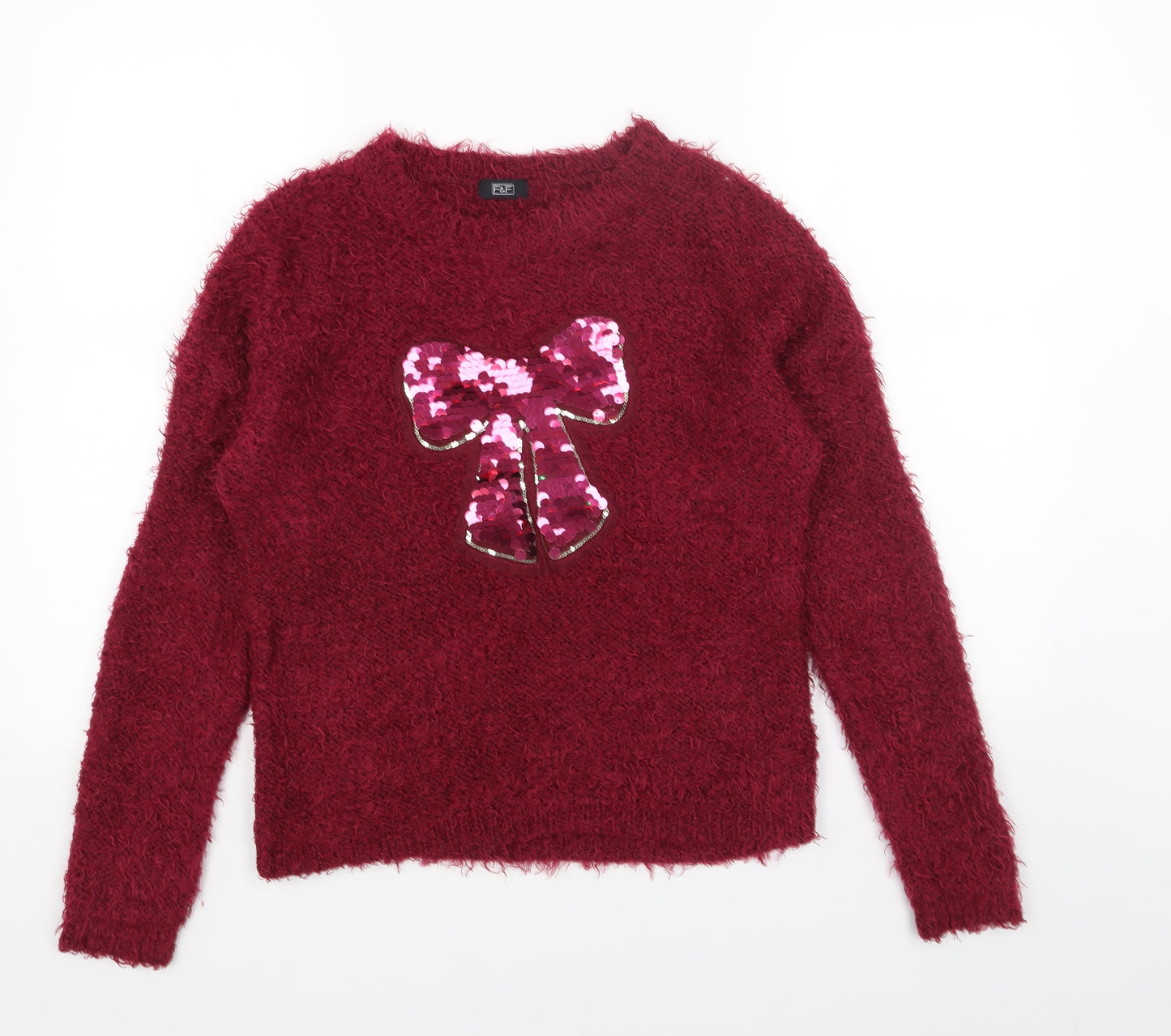 F&F Womens Red Round Neck Acrylic Pullover Jumper Size 10 - Ribbon