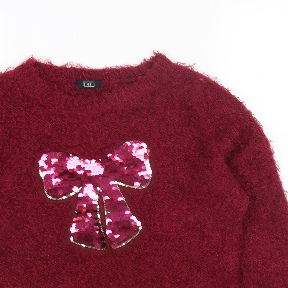 F&F Womens Red Round Neck Acrylic Pullover Jumper Size 10 - Ribbon