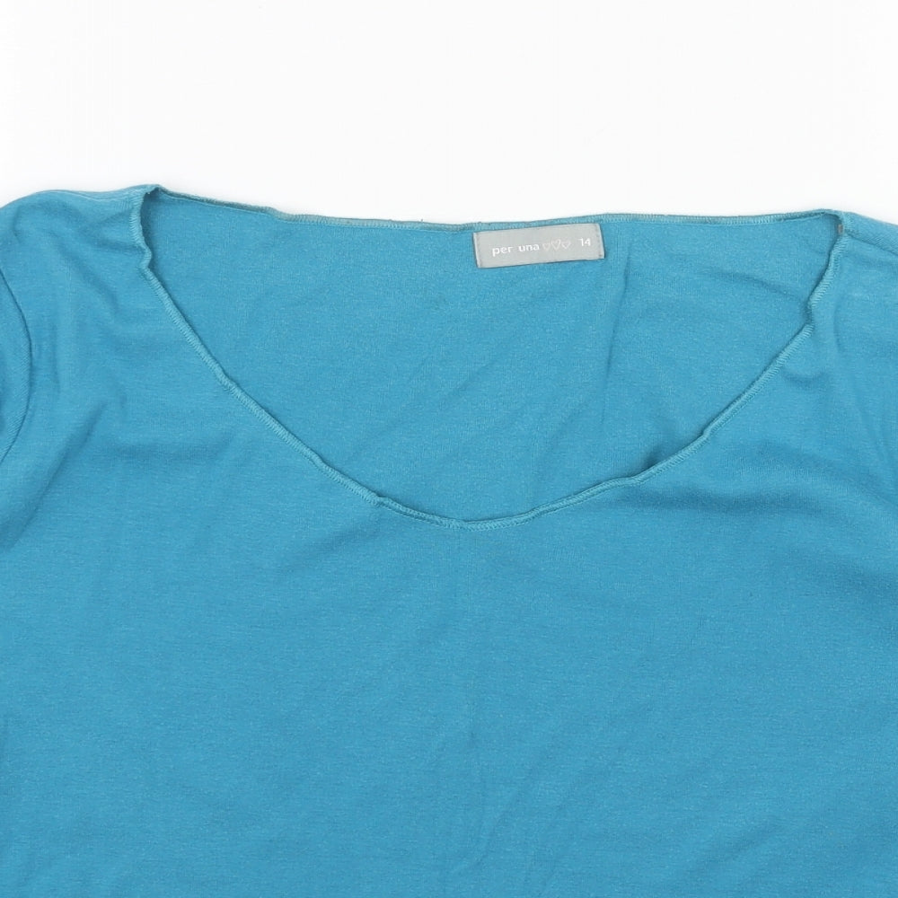 Per Una Womens Blue Cotton Basic T-Shirt Size 14 Scoop Neck
