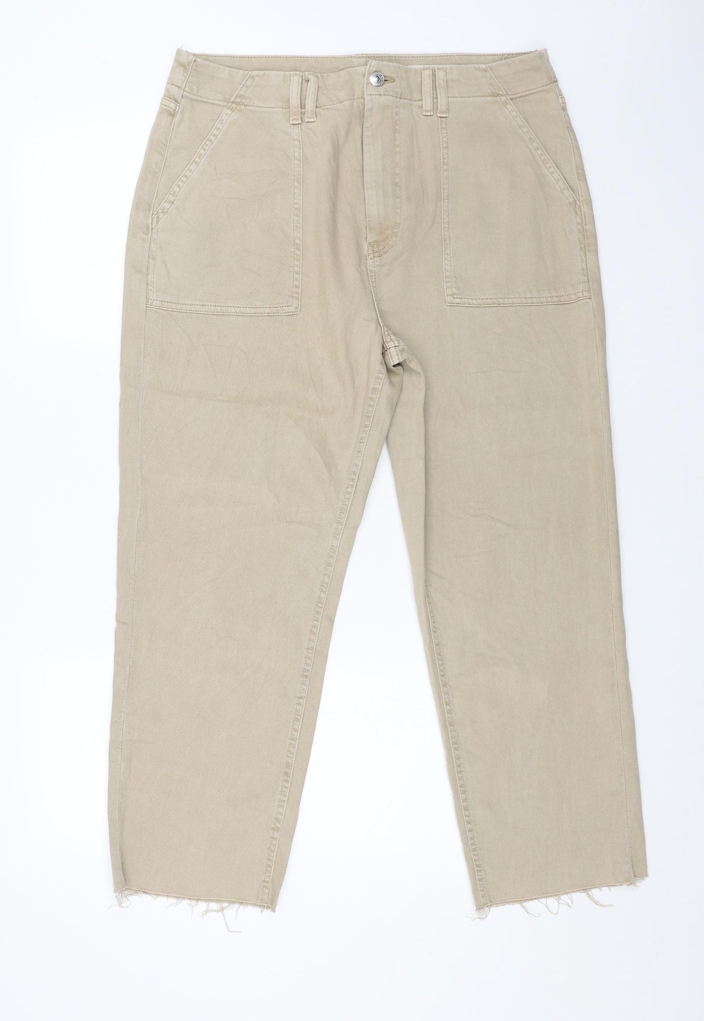Marks and Spencer Womens Beige Cotton Straight Jeans Size 16 L26 in Regular Button - Distressed Hems
