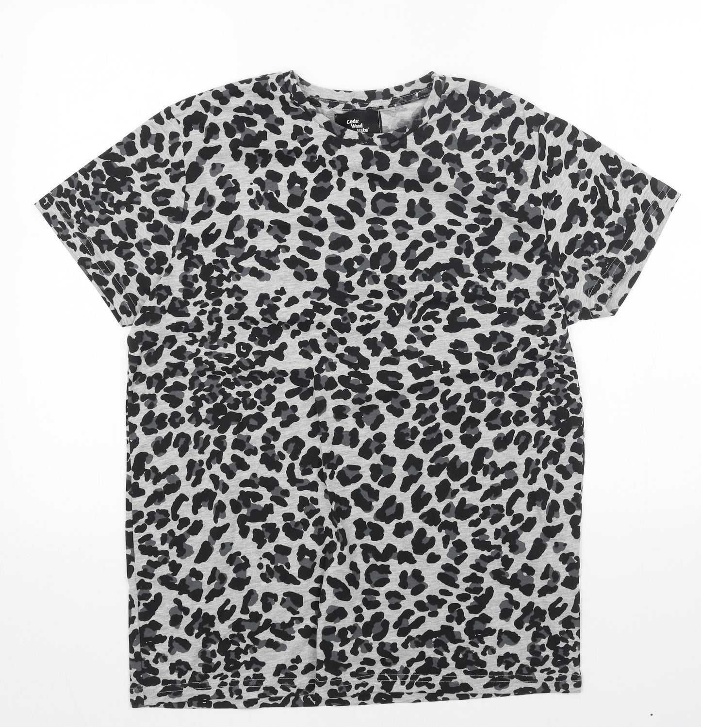 Cedar Wood State Womens Grey Animal Print Cotton Basic T-Shirt Size M Round Neck - Leopard Pattern