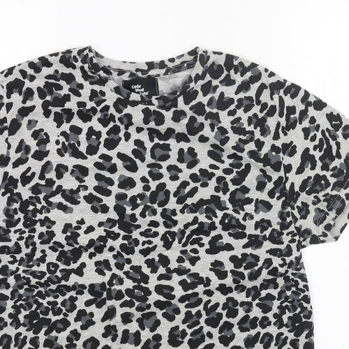 Cedar Wood State Womens Grey Animal Print Cotton Basic T-Shirt Size M Round Neck - Leopard Pattern