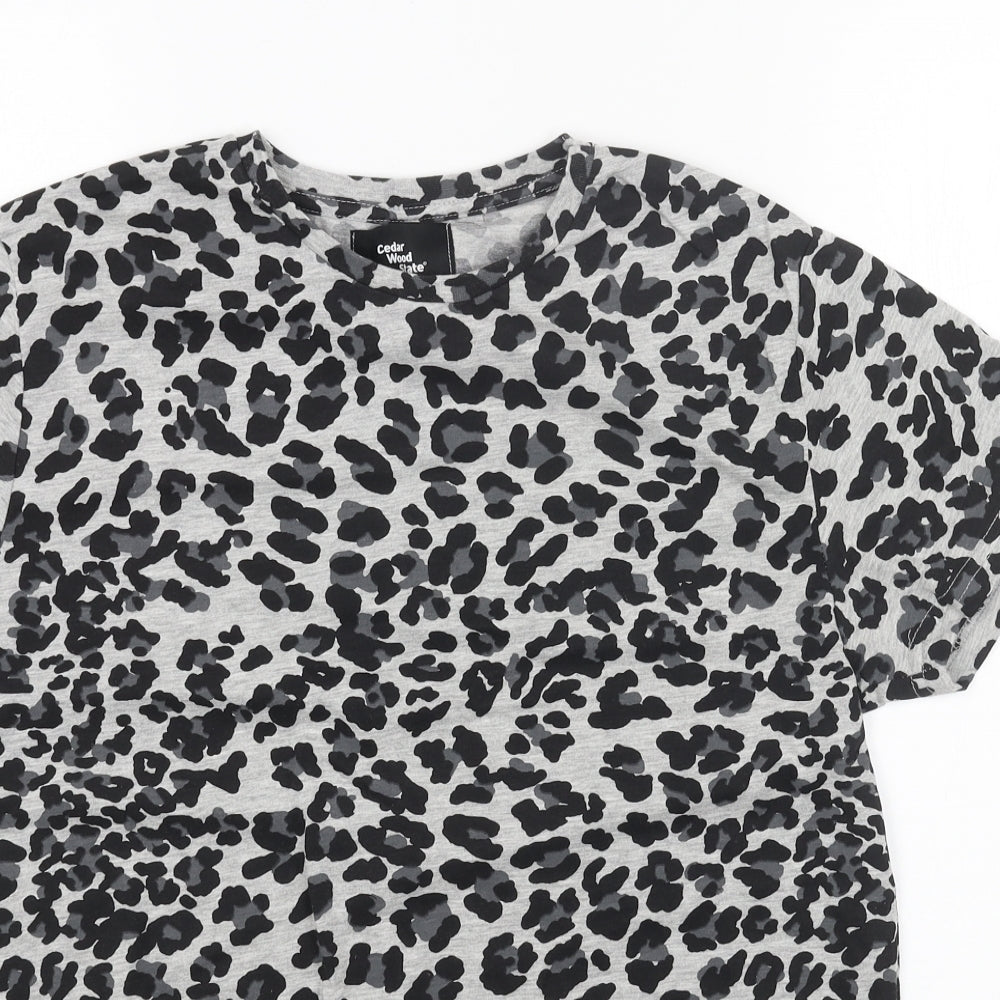 Cedar Wood State Womens Grey Animal Print Cotton Basic T-Shirt Size M Round Neck - Leopard Pattern