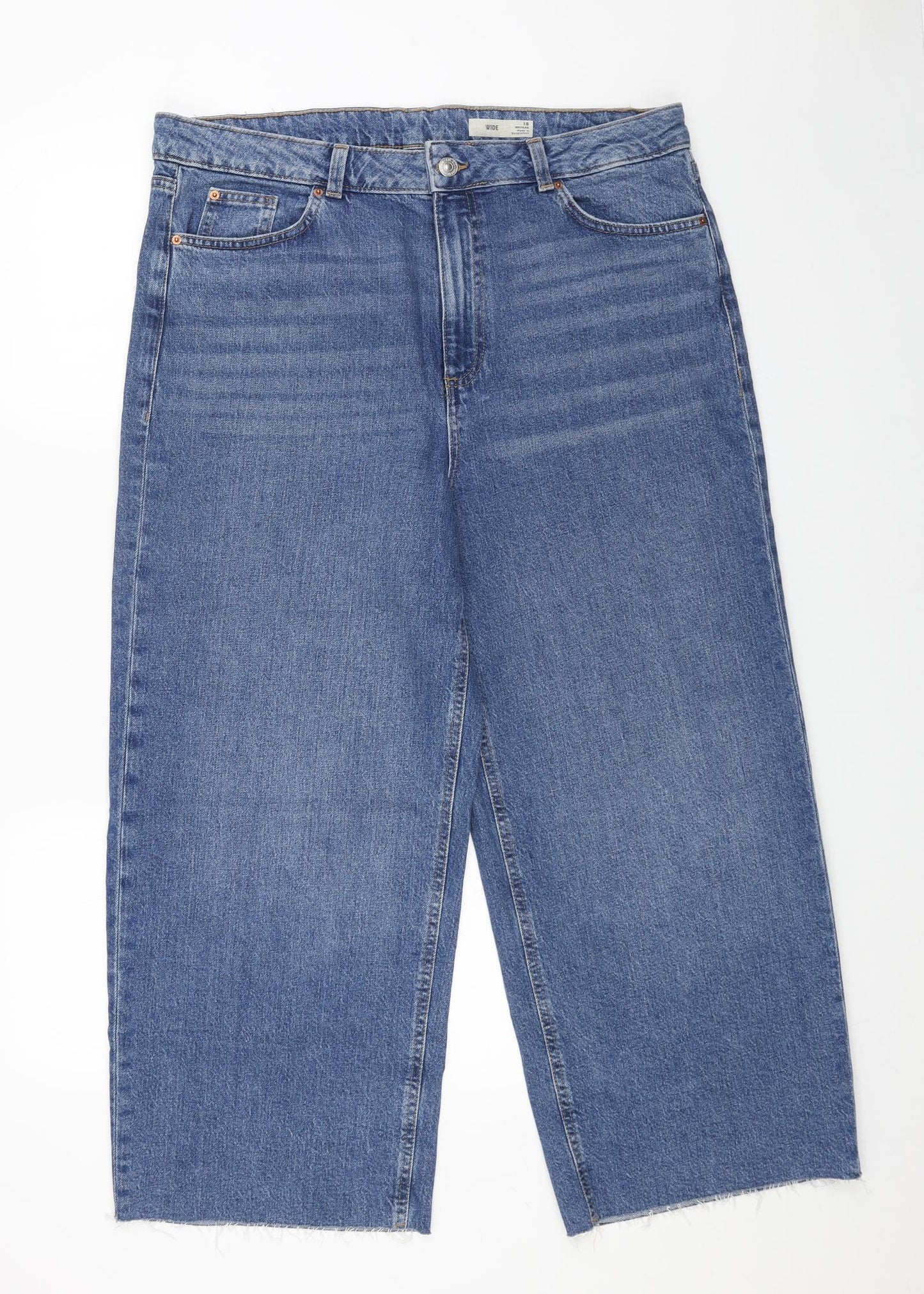 Marks and Spencer Womens Blue Cotton Wide-Leg Jeans Size 18 L25 in Regular Button